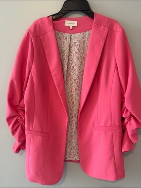 Pink Ruched-Sleeve Blazer